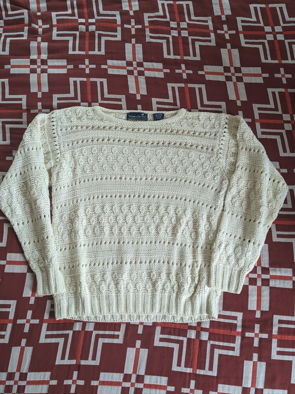 Vintage 90s Cream Open Knit Bobble Sweater Stanley Blacker M Cottagecore Coastal